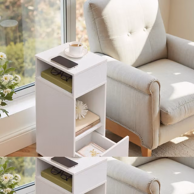 SONGMICS HOME Set of 2 Slim Bedside Tables with Drawer, White