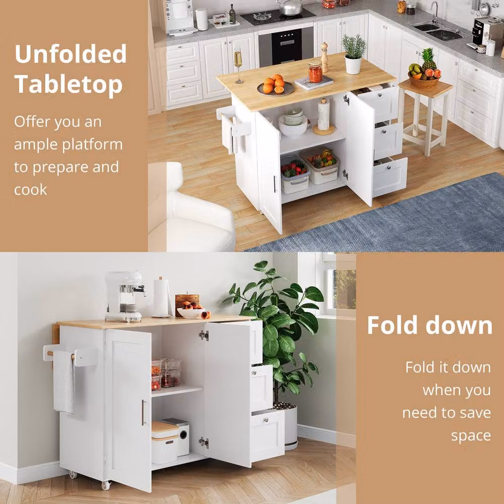 Merax Rolling Kitchen Island Trolley with Foldable Worktop and 3 Drawers, White – 3