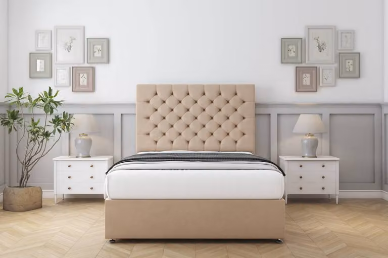 Sloomy Mayfair Plush Divan Bed Base with 2 Drawers and 26 inch Headboard, Beige Velvet Fabric, W/D/H: 180 x 200 cm