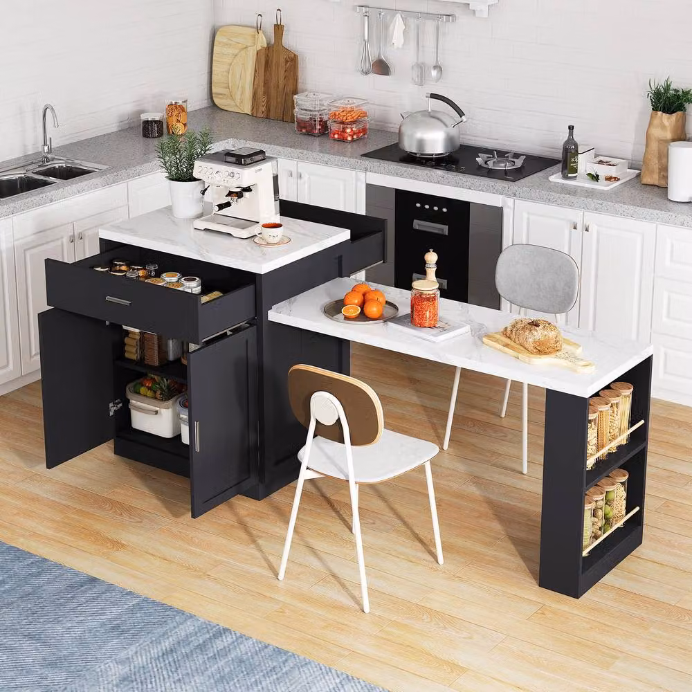 Merax Kitchen Island Cabinet with Extendable Dining Table and Charging Station in Black – 2