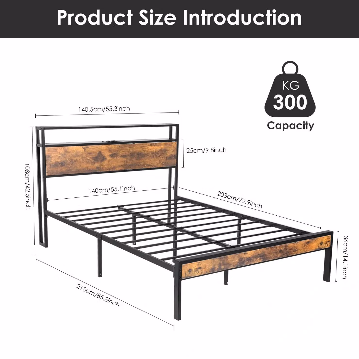 EONLION Industrial Metal Double Bed Frame with Side Compartments in Brown, 140 x 200 cm – 2