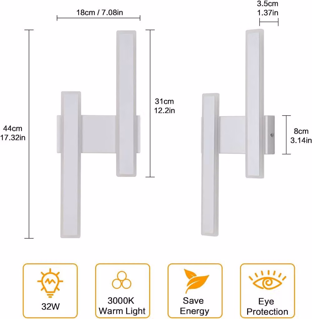 Goeco Modern LED Wall Light, 32 W, Warm White 3000 K, White – 4