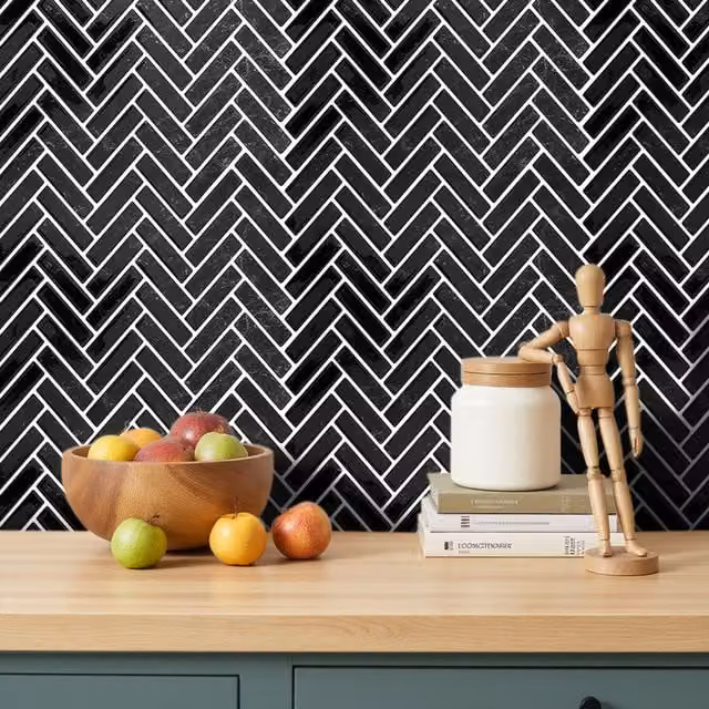 Lifeideas 10-Piece Self-Adhesive Herringbone Wall Tile Stickers in Black and White