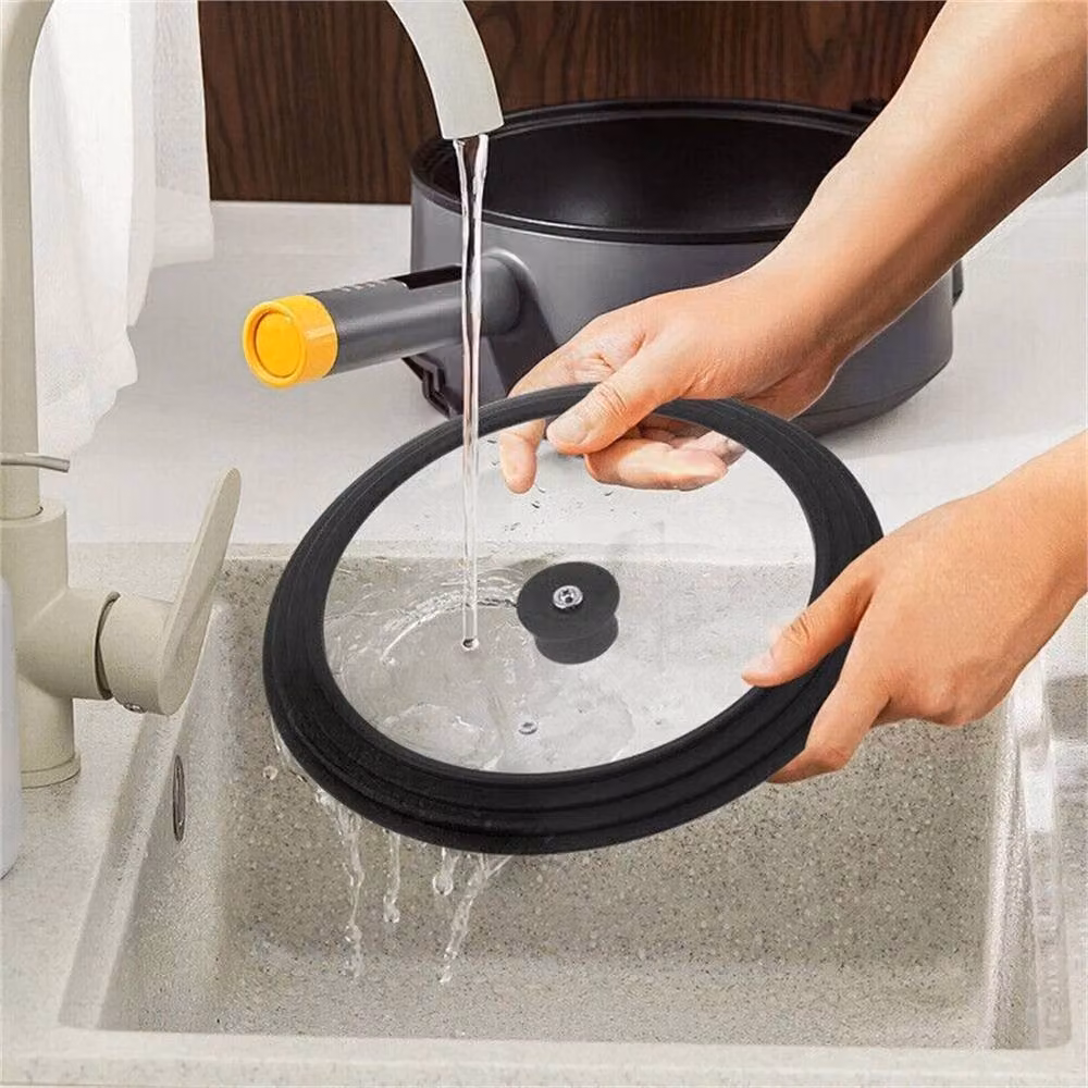 VOGREX Universal Silicone Glass Lids for Frying Pans and Saucepans, Black and Transparent – 5