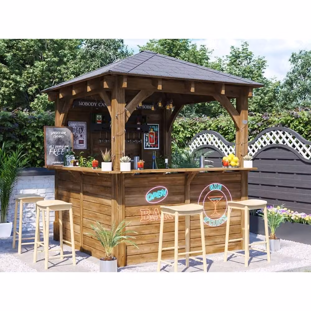 Dunster House Leviathan Wooden Outdoor Garden Bar Pub Shed in Brown with Black Bitumen Hip Roof Shingles, W: 250 cm, D: 250 cm, H: 212 cm – 2
