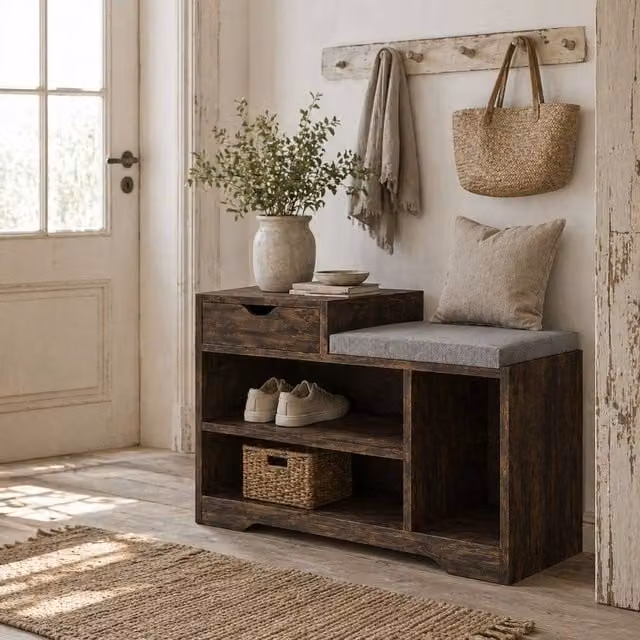 Wyld Haus Nata Rustic Brown Shoe Bench with Grey Cushioned Seat and Multi Compartments W/D/H: 76.5 x 30 x 52 cm
