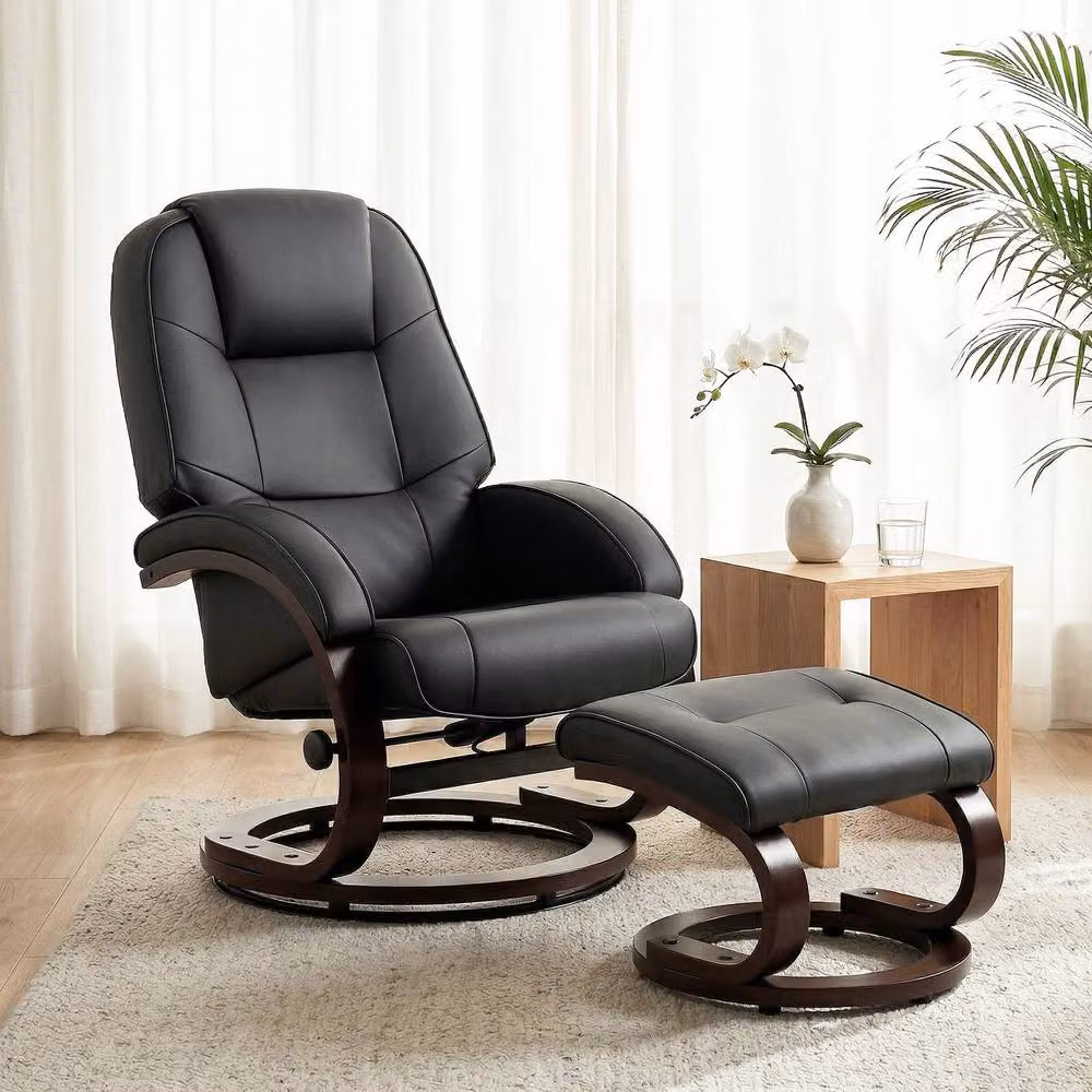 STILVORA Black Faux Leather Recliner Armchair with Footstool and 360 Degree Swivel Function – 3