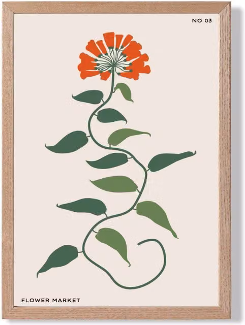 ARTZE Orange and Green Floral Flower Market Minimalist Framed Print with Oak Wood Frame, A3