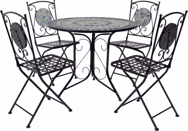 Charles Bentley 5 Piece Blue Mosaic Round Garden Dining Set with Folding Chairs