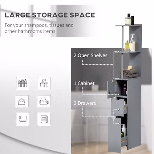 HOMCOM Tall Freestanding Bathroom and Kitchen Storage Cabinet in Grey with Shelves and Drawers – 3