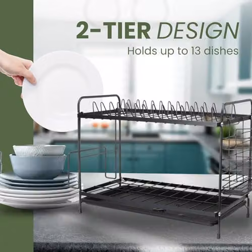 Tanness 2-Tier Black Dish Drainer Rack with Utensil Holder and Drip Tray, W/D/H: 30.0 x 21.0 x 21.0 cm – 3