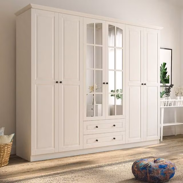 EVUHOME Modern 6 Door 2 Drawer Mirrored Wardrobe in White and Black, H 210 cm x W 178.4 cm x D 52 cm