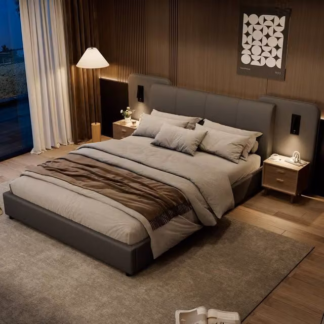 BTM Grey Upholstered PU Leather Double Bed with USB Charging Port and Under-Bed Lighting, W/D/H: 140 x 190 x 86.5 cm