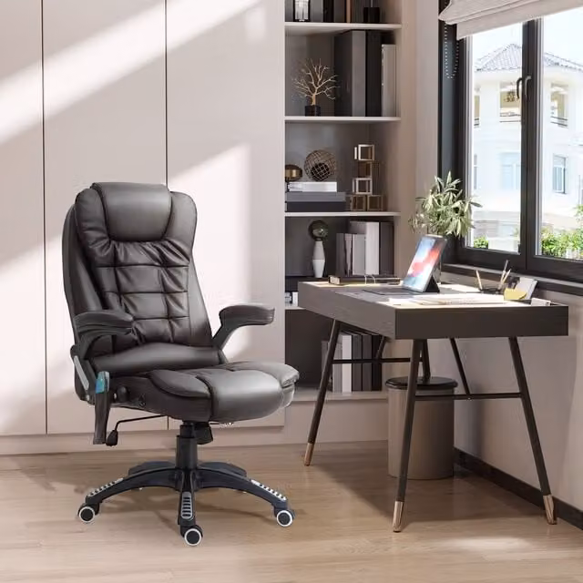 HOMCOM Brown Synthetic Leather Executive Office Chair with Heated Vibrating Massage and Reclining Function – 1