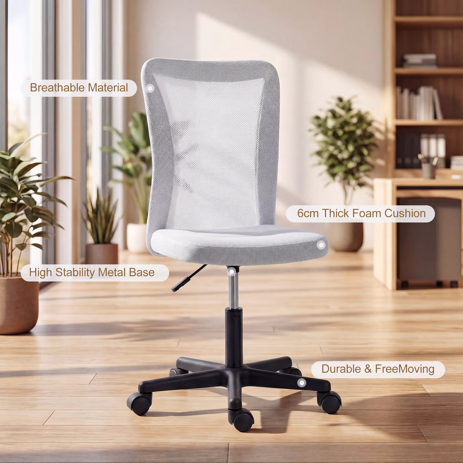 Vinsetto White Mesh Armless Executive Office Chair with Adjustable Height and Swivel Function – 3