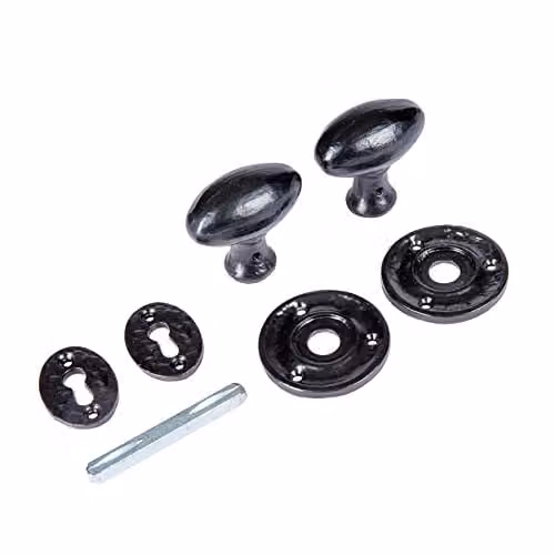 Hammer and Tongs Oval Rim and Mortice Door Knob in Matt Black Iron
