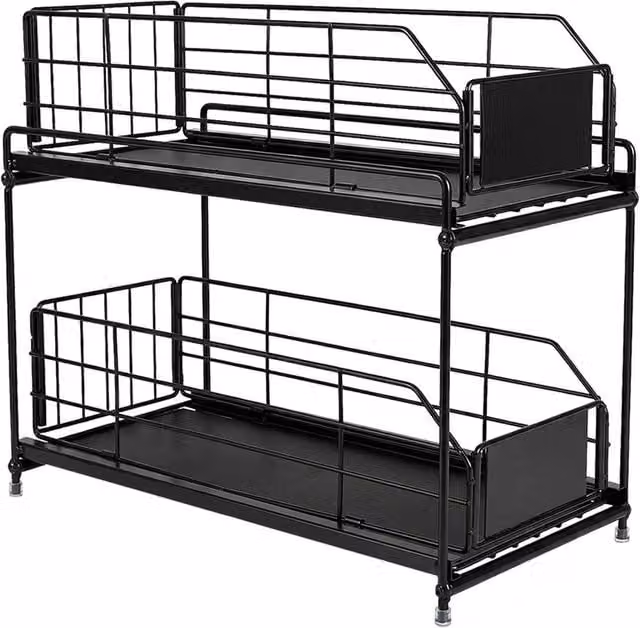 EONLION 2 Tier Metal Pull Out Under Sink Kitchen Cabinet Storage Basket in Black – 1