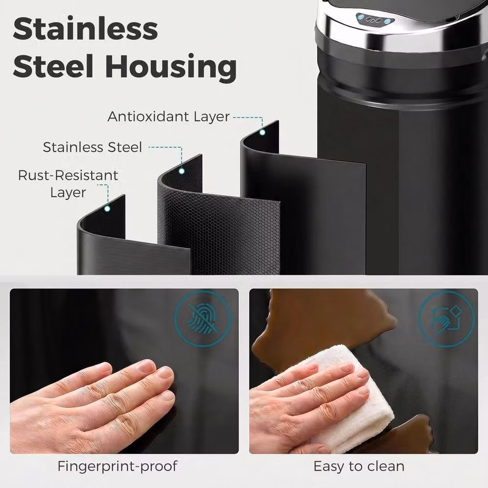 VOGREX Black 42L Stainless Steel Sensor Bin with Soft Close and Fingerprint Proof Technology W: 30.5 cm, D: 30.5 cm, H: 68 cm – 4