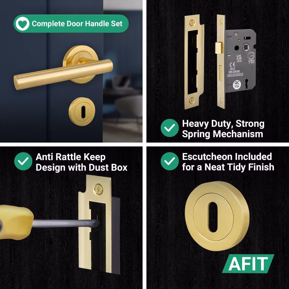 AFIT Satin Brass T-Bar Door Handle and Sashlock Escutcheon Set in Gold, 1 Pair – 5