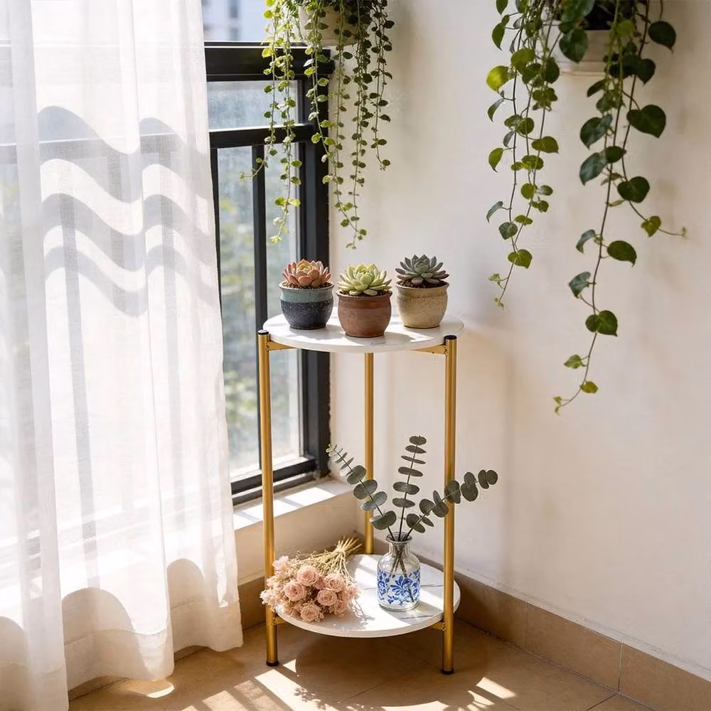FORGEVIO 2 Tier Metal Plant Stand Flower Pot Holder in Gold, W/D/H: 30 x 30 x 50 cm – 2