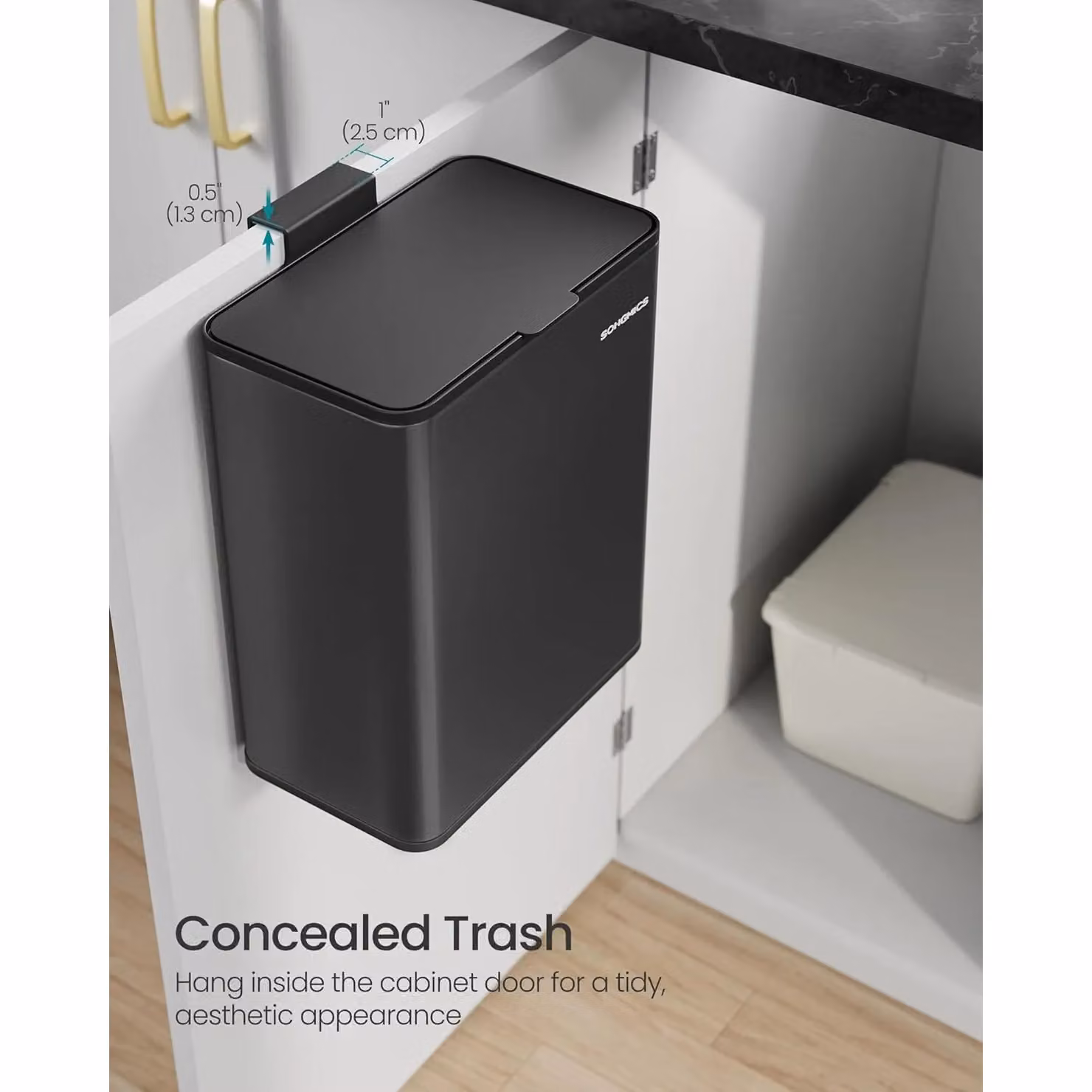 SONGMICS Small Hanging Kitchen Waste Bin with Flip Lid and Removable Inner Bucket, Black Steel – 3