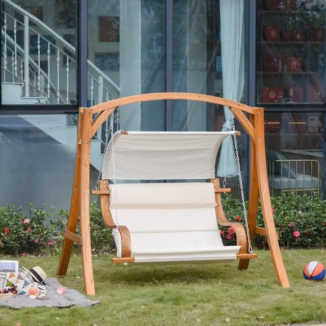Outsunny A-Frame Wooden Porch Swing Chair with Sun Canopy in Teak and Cream White