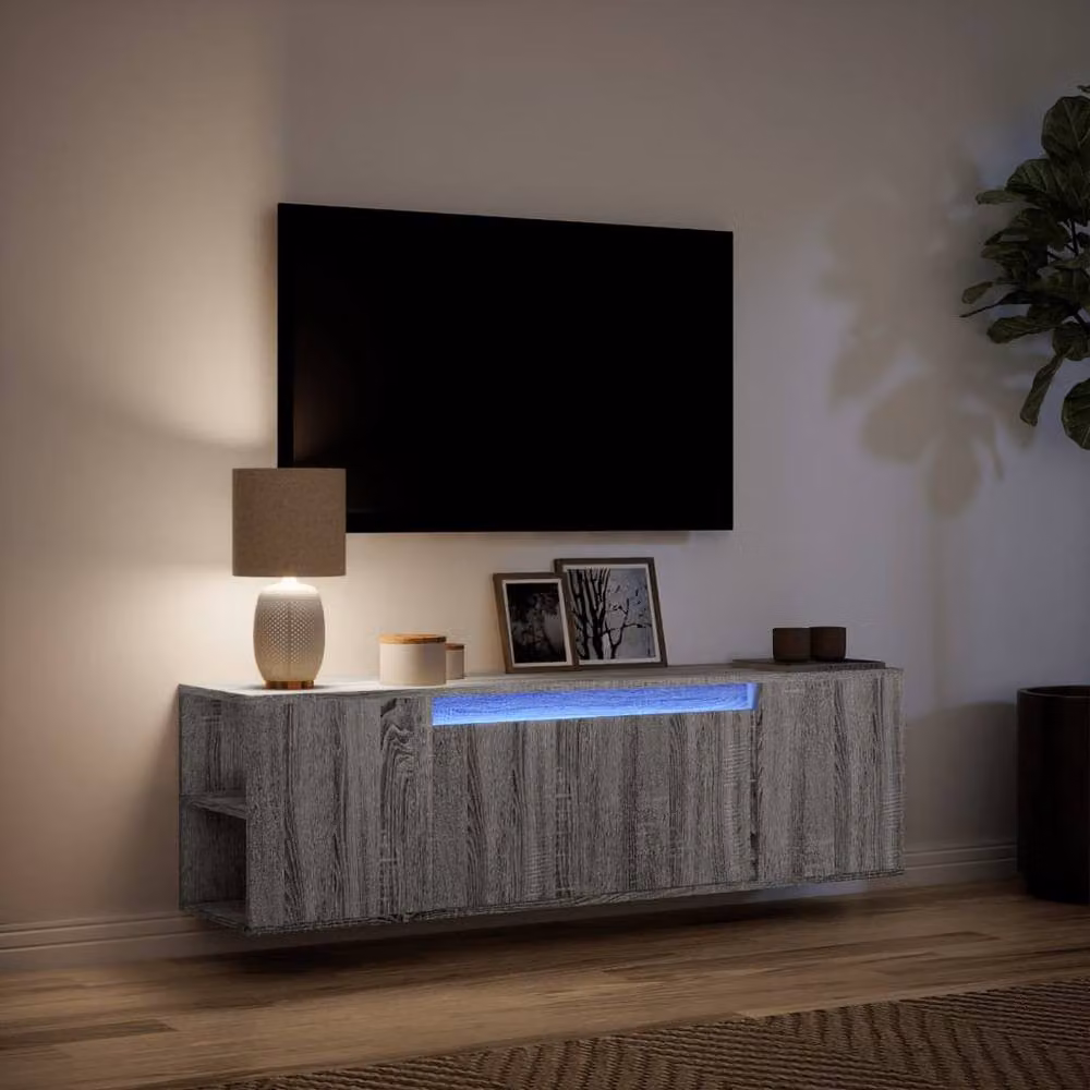 Berkfield Home Modern TV Wall Cabinet with LED Lights in Grey Sonoma, W: 135 cm, D: 31 cm, H: 39.5 cm – 4