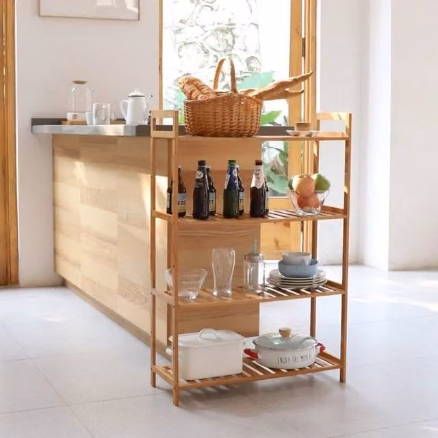 Kelvenix 4 Tier Bamboo Kitchen Storage Rack in Brown with Adjustable Shelves