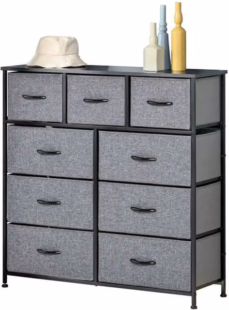 Nordara 9 Drawer Storage Chest Dresser with Foldable Fabric Bins in Grey – 1