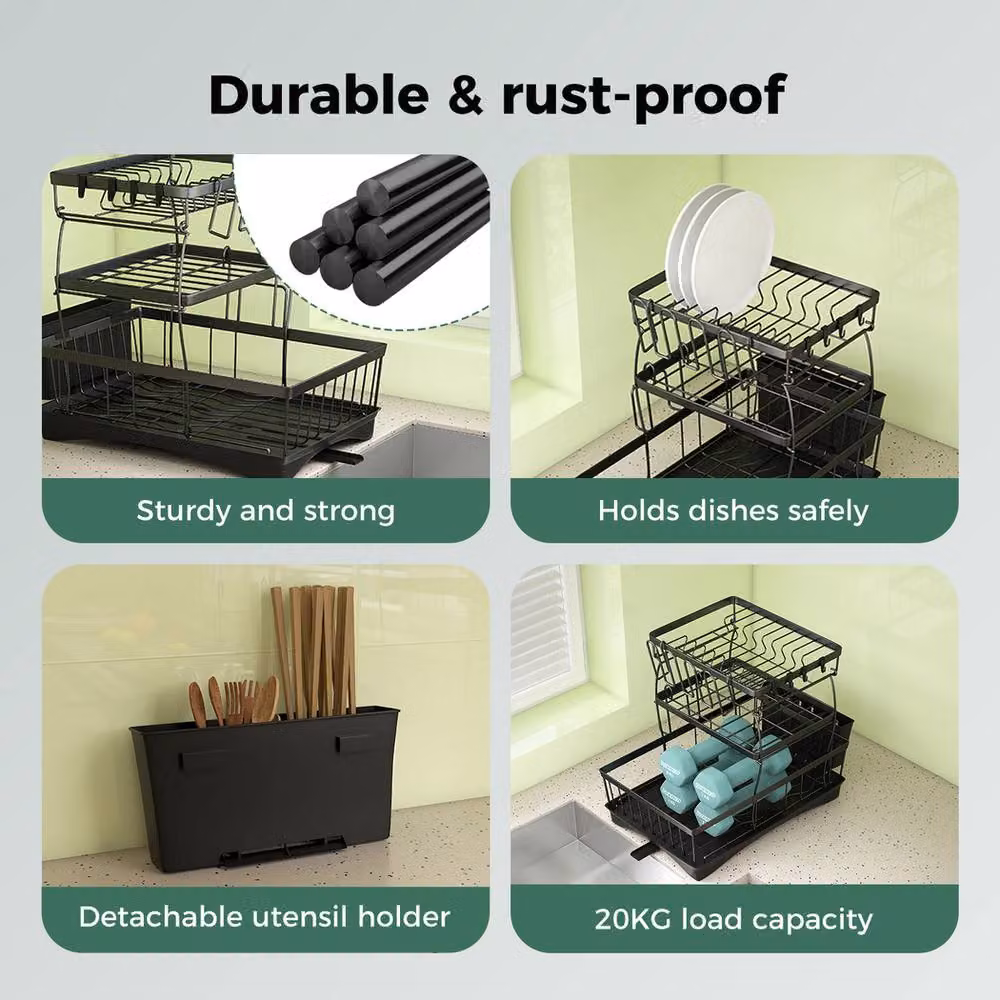 Toque 3 Tier Dish Drying Rack with Drip Tray and Cutlery Holder in Black – 5