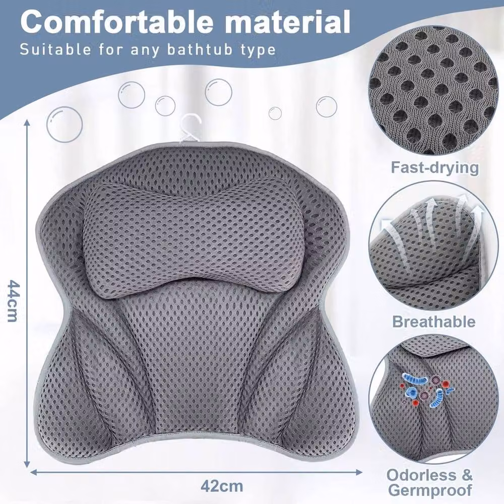 VOGREX Waterproof 4D Mesh Spa Bath Pillow with Neck and Back Support in Grey – 2