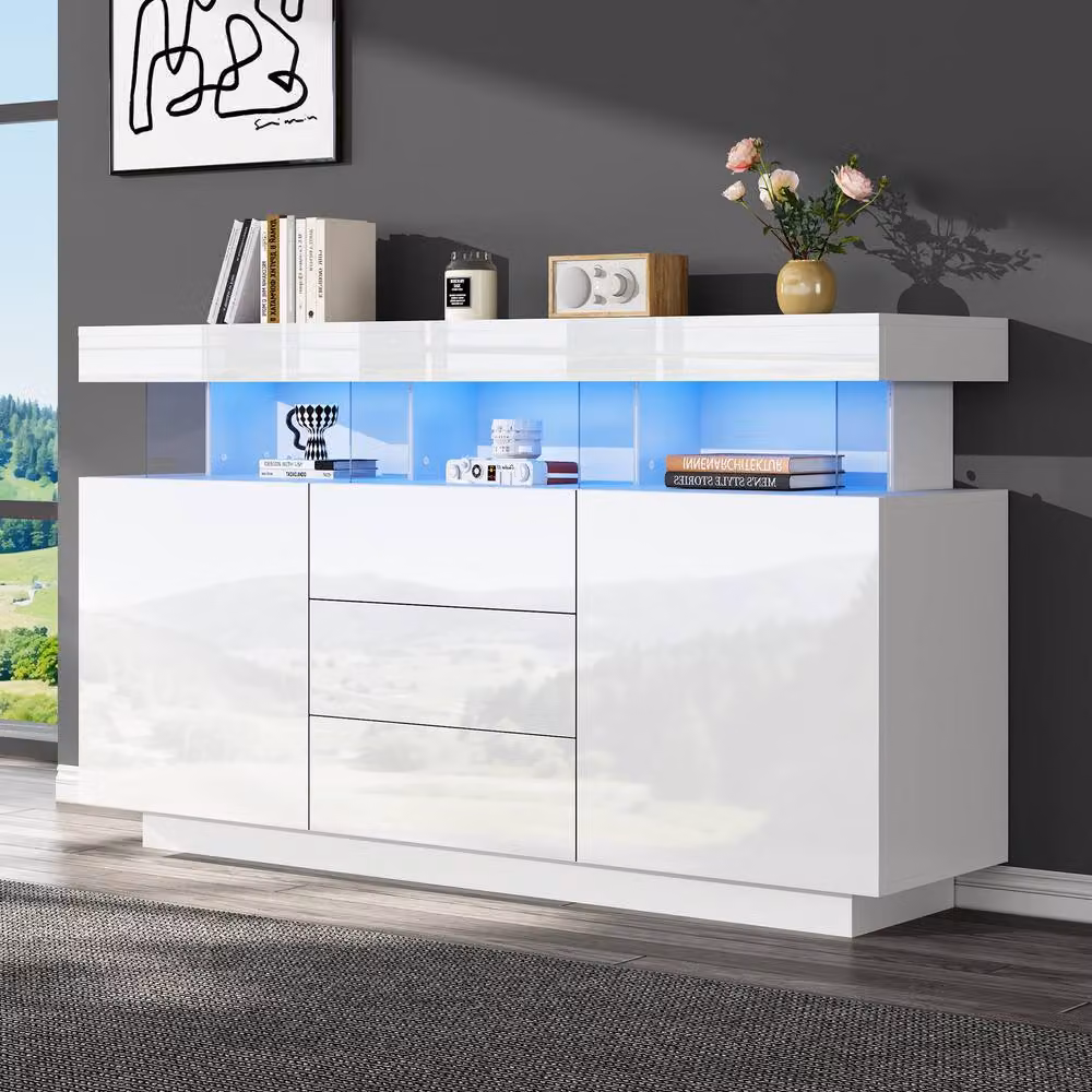 BTM High Gloss White Sideboard with Integrated LED Lights, Drawers and Adjustable Shelves, W: 140 cm, H: 80 cm, D: 35 cm – 2