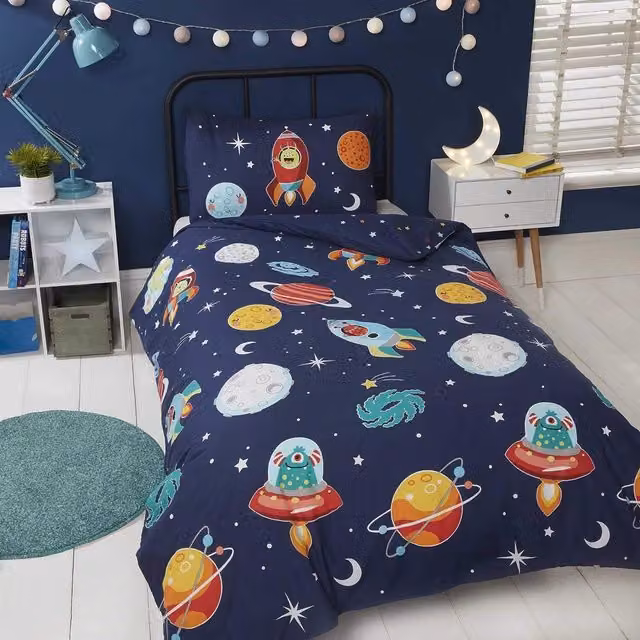 Rapport Space and Stars Glow in the Dark Duvet Cover and Pillowcase Set, Black and Blue, W/D/H: 200 x 200 cm and 50 x 75 cm