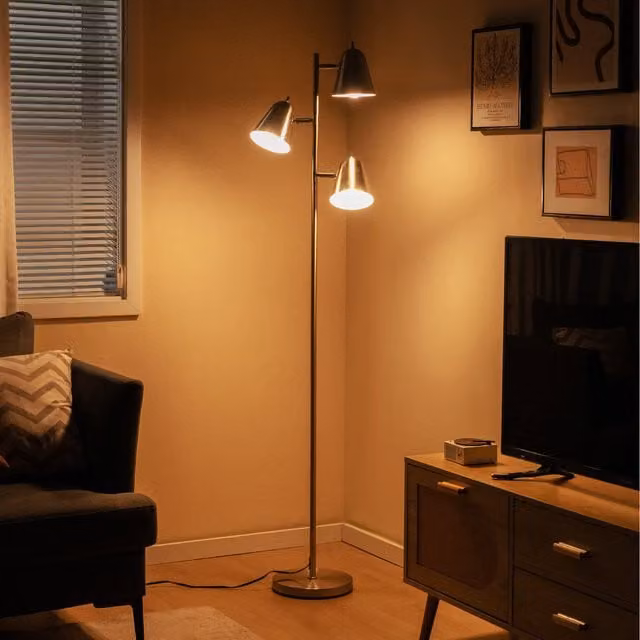 COSTWAY Modern Silver Metal Floor Standing Reading Lamp with Adjustable LED Bulb