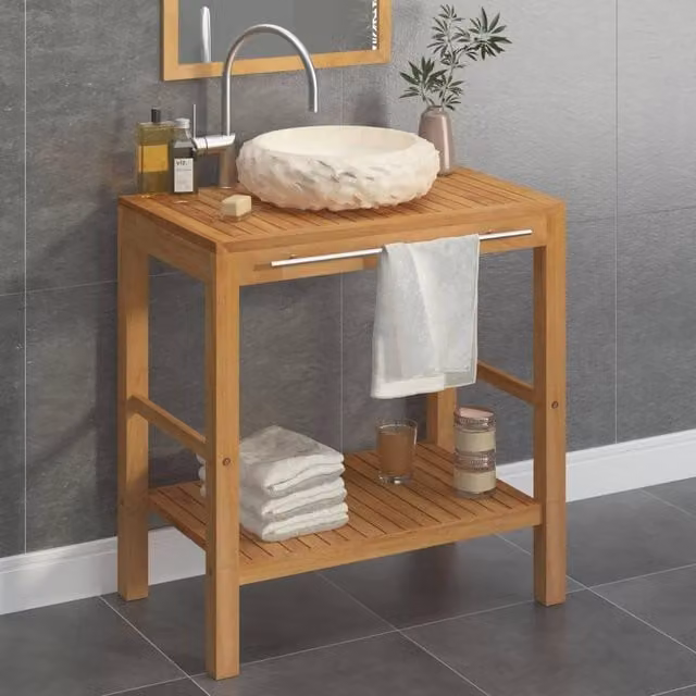 Berkfield Home Solid Teak Bathroom Vanity Cabinet with Cream Marble Sink in Brown – 1