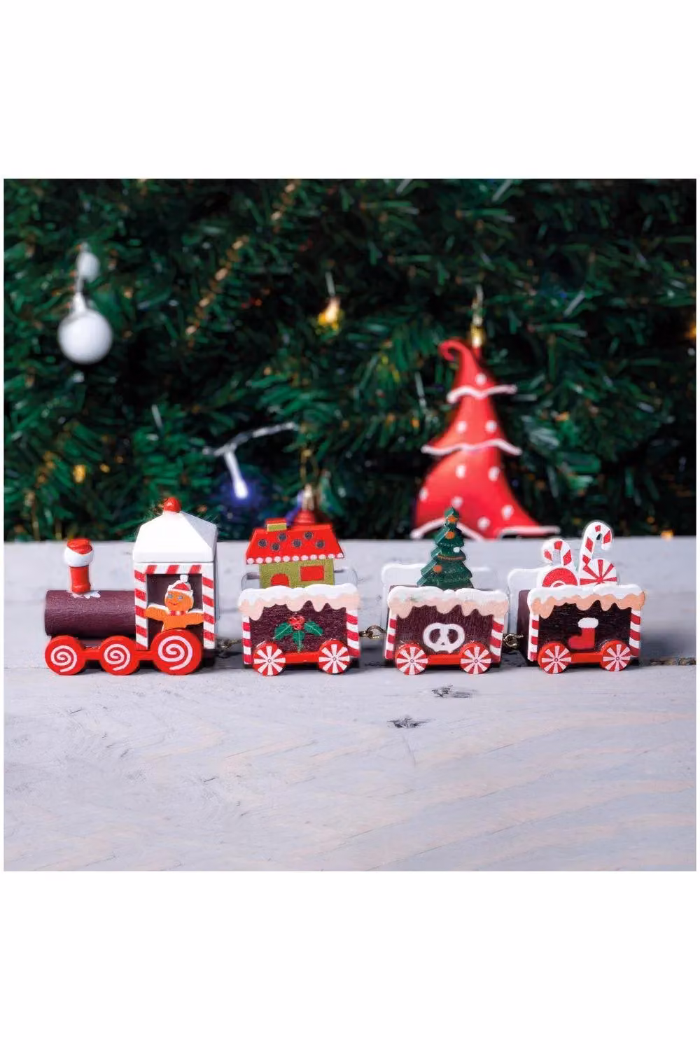Netagon Red Striped Wooden Christmas Pudding Train Set Tabletop Decoration – 5