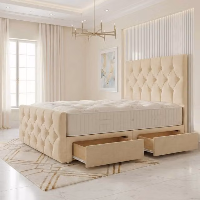 Somnior Ziggy Linen Divan Bed with 2 Drawers, Headboard and Footboard, Beige, W/D/H: 90 x 190 x 28 cm