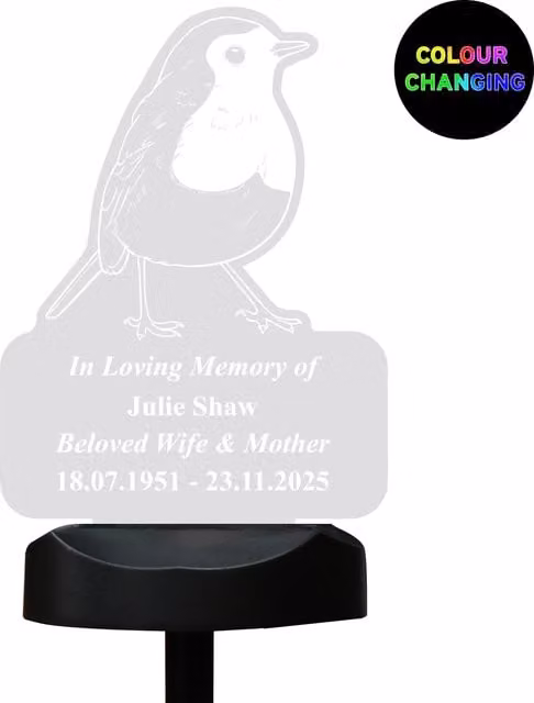 Personalised Memento Company Personalised Robin Memorial Outdoor Solar LED Garden Light in Transparent and Black – 1