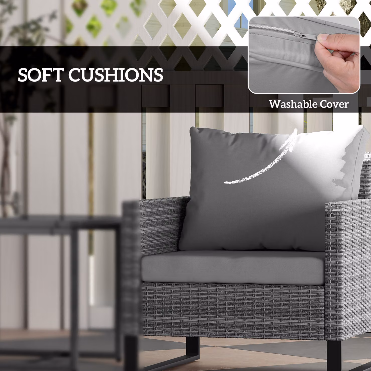 Outsunny 3 Piece Rattan Bistro Set with Glass Top Coffee Table and 4 Cushions in Grey – 5