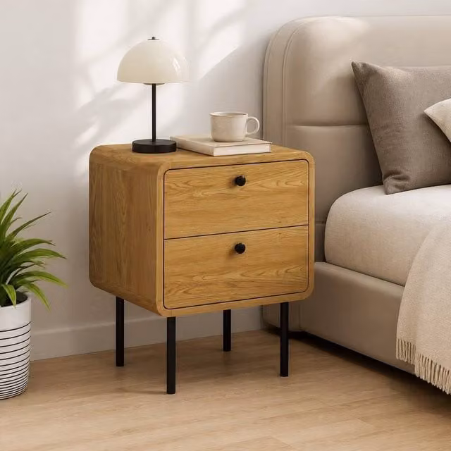STILVORA Bedside Table with 2 Drawers and Steel Legs in Light Oak