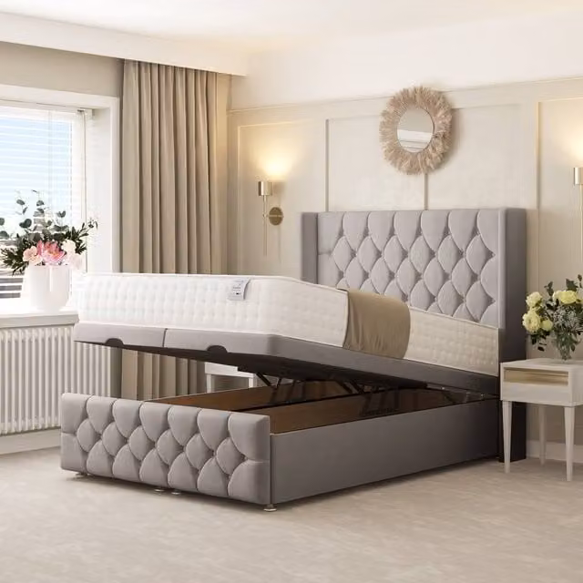 Bed Choices Deluxe Ottoman Upholstered Divan Bed with 54 inch Headboard in Grey, W/D/H: 180 x 200 cm