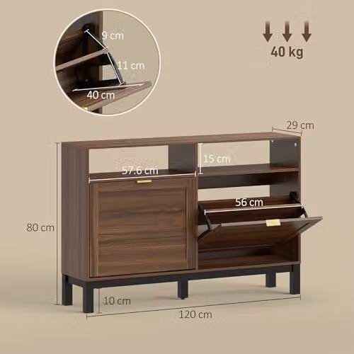 HOMCOM Rustic Brown Narrow Shoe Cabinet with 2 Tilting Compartments and Open Shelf, W/D/H: 80 x 29 x 120 cm – 2