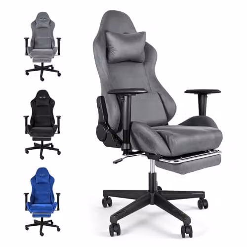 Levede Grey Fabric Gaming Chair for Adults with Headrest, Lumbar Support and Footrest – 8
