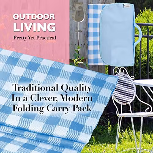 VFM e-Store Blue Oxford Waterproof Gingham Picnic Blanket with Carry Handle – 3