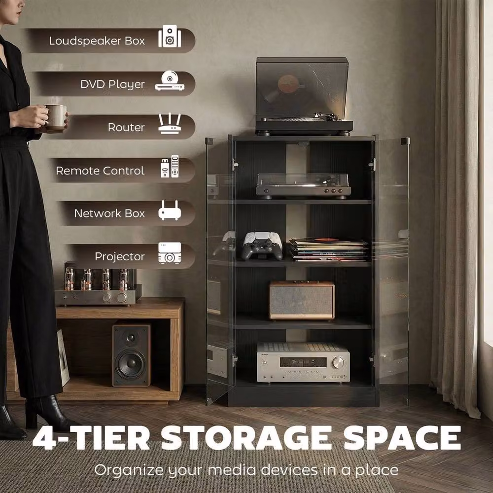 NESTLUNE 4-Tier Hi-Fi Stand with Adjustable Shelves in Black, W: 100 cm, D: 15 cm, H: 91 cm – 4