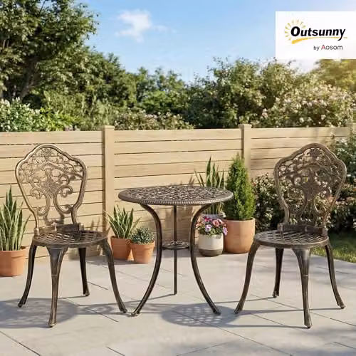 Outsunny 3 Piece Cast Aluminium Garden Bistro Set in Bronze with Parasol Hole – 3