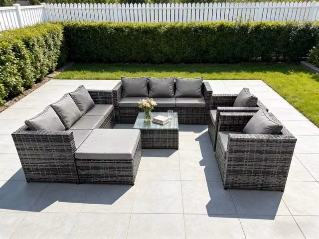 Fimous 9 Seater Grey Mixed Rattan Garden Furniture Set with Upholstered Cushions, Coffee Table and Ottoman – 2
