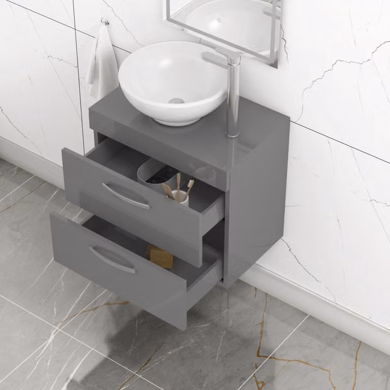 Royal Bathrooms 600mm Wall Hung Vanity Unit with 2 Drawers in Grey Gloss and Breeze Countertop Basin