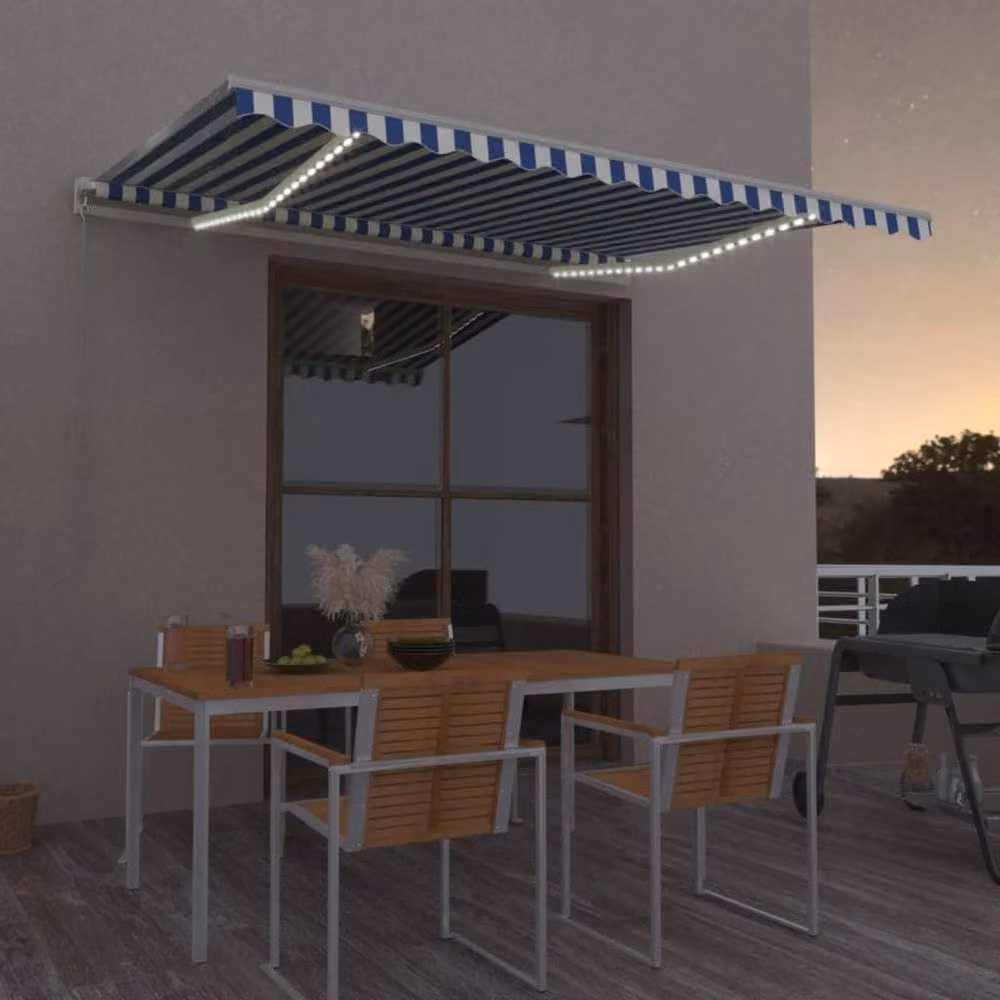 Berkfield Home Manual Retractable Folding Arm Awning with LED, Blue and White Striped, W: 400 cm, D: 300 cm – 2