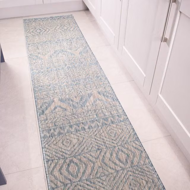 The Rug House Aztec Tribal Flatweave Rug in Blue and Turquoise, W: 240 cm, D: 60 cm